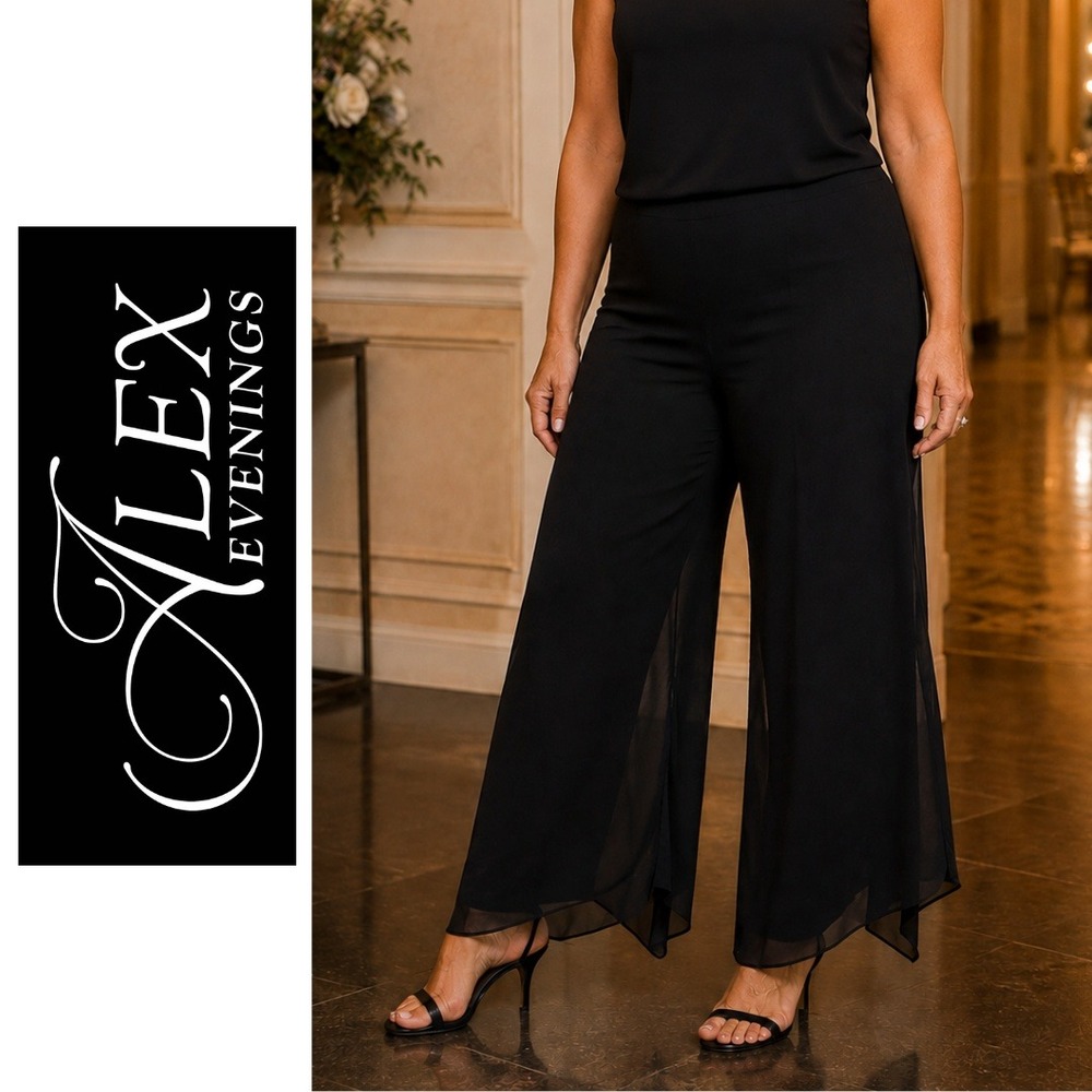 NWT, Alex Evenings, Black Chiffon Wide Leg Pants Handkerchief Hem Size 2X